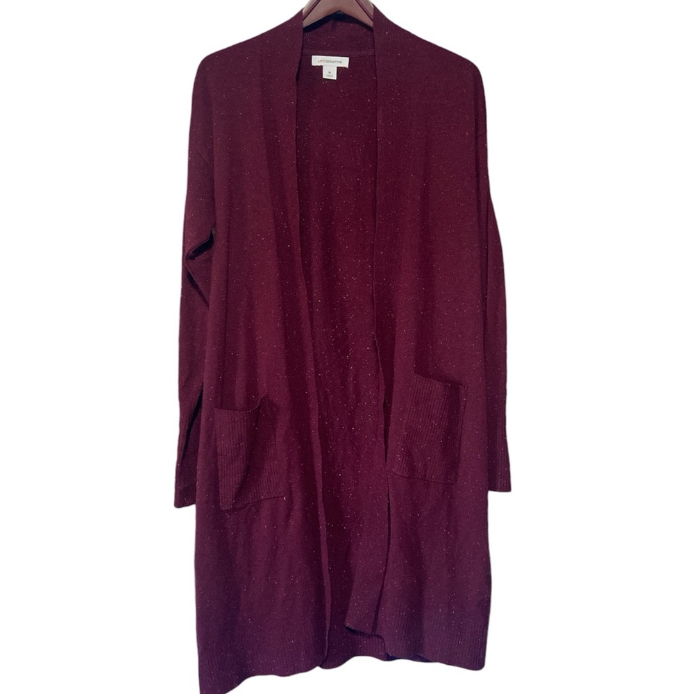 LIZ Claiborne Open Front Long Cardigan Women’s Burgundy Passion w/ Pockets